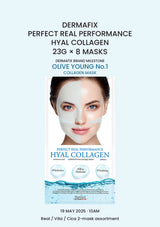 DERMAFIX Perfect Real Performance Hyal Collagen Mask, 1 box of 8 masks × 23g, with authentic product packaging on a matching blue background.
