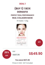 Buy 1 box of DERMAFIX Real Collagen Mask: 8 masks × 23g. COCOMO price S$49.90, RSP S$67.35, save 26%. SGD, GST included.