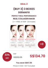 Buy 3 boxes of DERMAFIX Real Collagen Mask: 24 masks × 23g. COCOMO price S$134.70, RSP S$202.05, save 33%. SGD, GST included.
