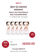 Buy 5 boxes of DERMAFIX Real Collagen Mask: 40 masks × 23g. COCOMO price S$202.05, RSP S$336.75, save 40%. SGD, GST included.