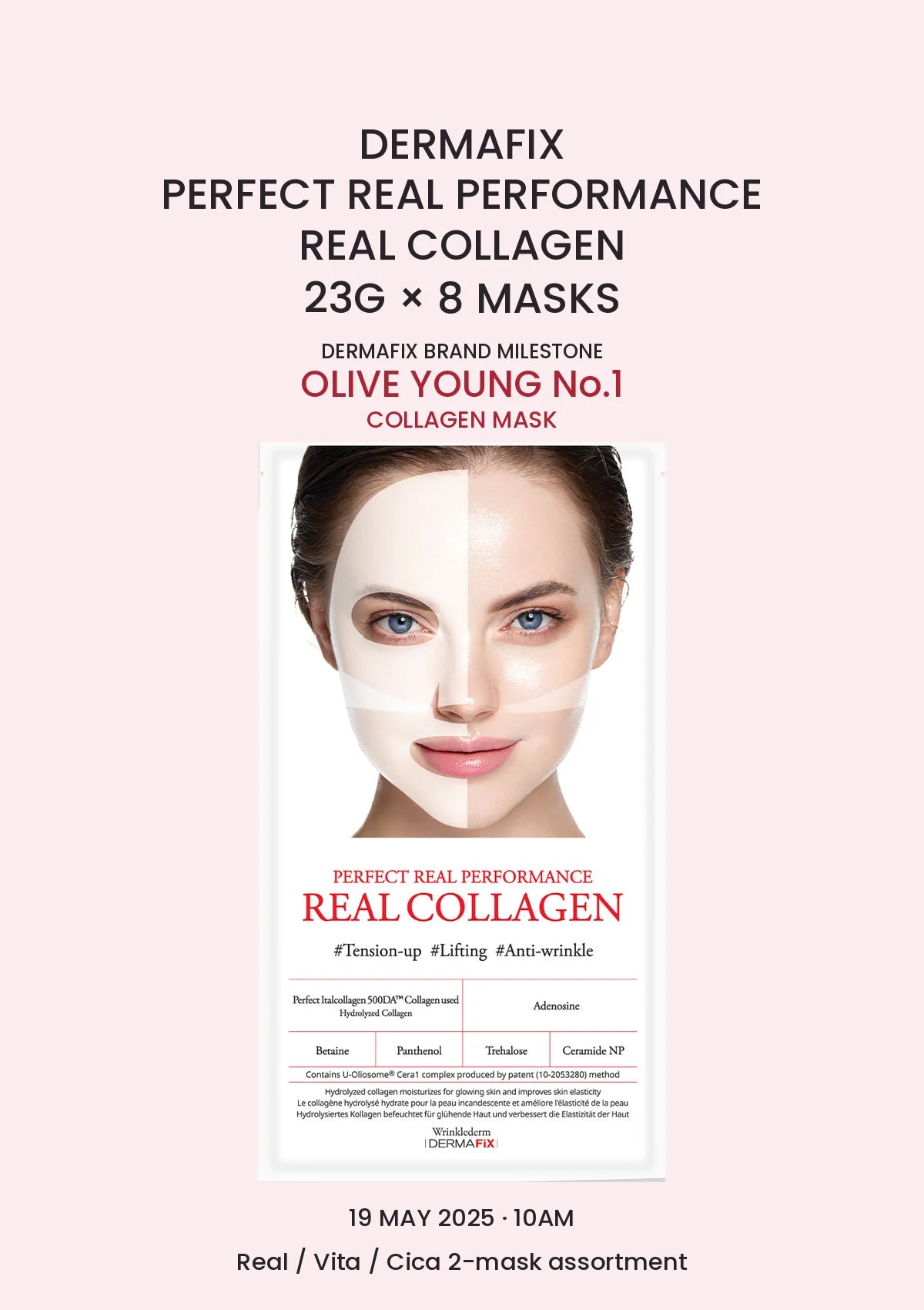 DERMAFIX Perfect Real Performance Real Collagen Mask, 1 box of 8 masks × 23g, with authentic product packaging on a matching pink background.
