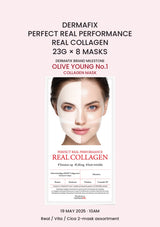 DERMAFIX Perfect Real Performance Real Collagen Mask, 1 box of 8 masks × 23g, with authentic product packaging on a matching pink background.