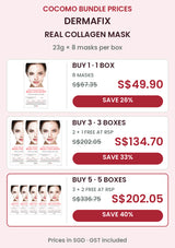 DERMAFIX Real Collagen Mask bundle prices: 1 box of 8 masks S$49.90, RSP S$67.35, save 26%; 3 boxes (24 masks total) S$134.70, RSP S$202.05, save 33%; 5 boxes (40 masks total) S$202.05, RSP S$336.75, save 40%. Prices in SGD, GST included.