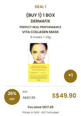 Buy 1 box of DERMAFIX Vita Collagen Mask: 8 masks × 23g. COCOMO price S$49.90, RSP S$67.35, save 26%. SGD, GST included.