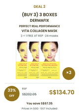 Buy 3 boxes of DERMAFIX Vita Collagen Mask: 24 masks × 23g. COCOMO price S$134.70, RSP S$202.05, save 33%. SGD, GST included.