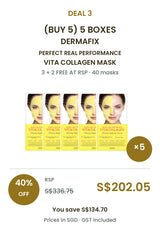 Buy 5 boxes of DERMAFIX Vita Collagen Mask: 40 masks × 23g. COCOMO price S$202.05, RSP S$336.75, save 40%. SGD, GST included.