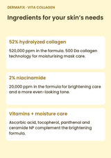 DERMAFIX Vita Collagen Mask key ingredients: 52% hydrolyzed collagen. 520,000 ppm in the formula. 500 Da collagen technology for moisturising mask care.. 2% niacinamide. 20,000 ppm in the formula for brightening care and a more even-looking tone.. Vitamins + moisture care. Ascorbic acid, tocopherol, panthenol and ceramide NP complement the brightening formula.
