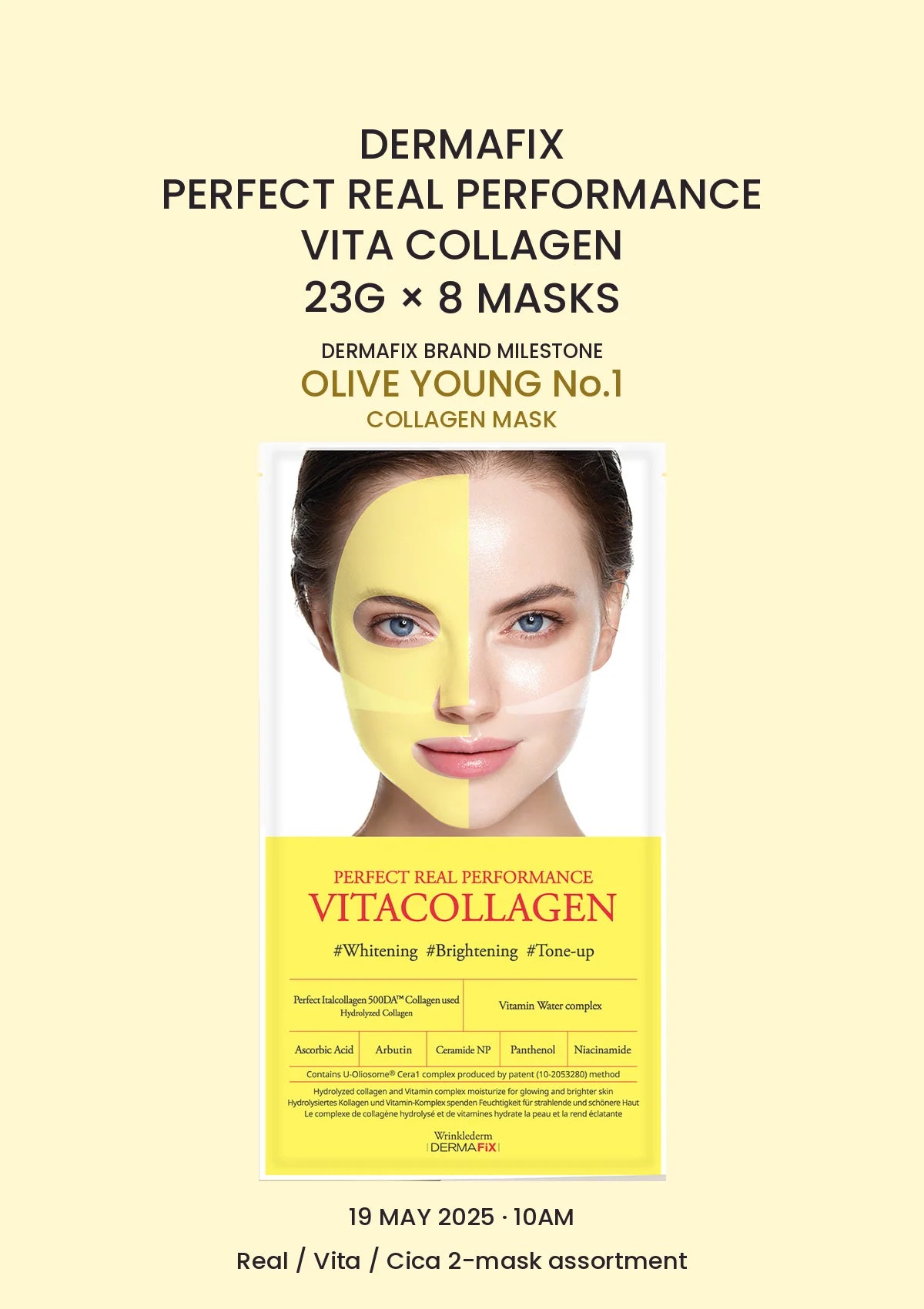 DERMAFIX Perfect Real Performance Vita Collagen Mask, 1 box of 8 masks × 23g, with authentic product packaging on a matching yellow background.