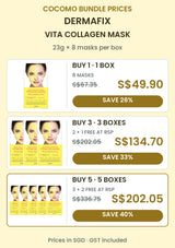 DERMAFIX Vita Collagen Mask bundle prices: 1 box of 8 masks S$49.90, RSP S$67.35, save 26%; 3 boxes (24 masks total) S$134.70, RSP S$202.05, save 33%; 5 boxes (40 masks total) S$202.05, RSP S$336.75, save 40%. Prices in SGD, GST included.