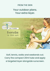 Everyday outdoor lifestyle image for FROM THE SKIN Sun Gel Patch, showing a woman walking her dog