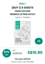 Buy 1: FROM THE SKIN Wrinkle Lifting Patch 6 sheets, 1 pack. RSP S$36.90, COCOMO price S$15.90, save 57%. GST included.