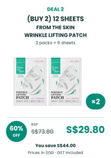 Buy 2: FROM THE SKIN Wrinkle Lifting Patch 12 sheets, 2 packs. RSP S$73.80, COCOMO price S$29.80, save 60%. GST included.