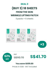 Buy 3: FROM THE SKIN Wrinkle Lifting Patch 18 sheets, 3 packs. RSP S$110.70, COCOMO price S$41.70, save 62%. GST included.