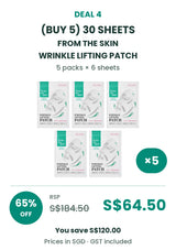 Buy 5: FROM THE SKIN Wrinkle Lifting Patch 30 sheets, 5 packs. RSP S$184.50, COCOMO price S$64.50, save 65%. GST included.