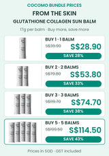 FROM THE SKIN Sun Balm 17g bundle prices: buy 1 S$28.90, RSP S$39.90, save 28%; buy 2 S$53.80, RSP S$79.80, save 33%; buy 3 S$74.70, RSP S$119.70, save 38%; buy 5 S$114.50, RSP S$199.50, save 43%. SGD, GST included.