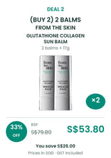 Buy 2: 2 × 17g FROM THE SKIN Sun Balm. RSP S$79.80, COCOMO price S$53.80, save 33%. SGD, GST included.