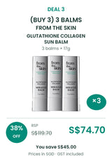 Buy 3: 3 × 17g FROM THE SKIN Sun Balm. RSP S$119.70, COCOMO price S$74.70, save 38%. SGD, GST included.