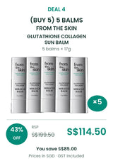 Buy 5: 5 × 17g FROM THE SKIN Sun Balm. RSP S$199.50, COCOMO price S$114.50, save 43%. SGD, GST included.