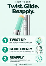 How to use FROM THE SKIN Sun Balm: twist up after skincare, glide evenly avoiding the eye area, and reapply every two hours outdoors and after sweating.