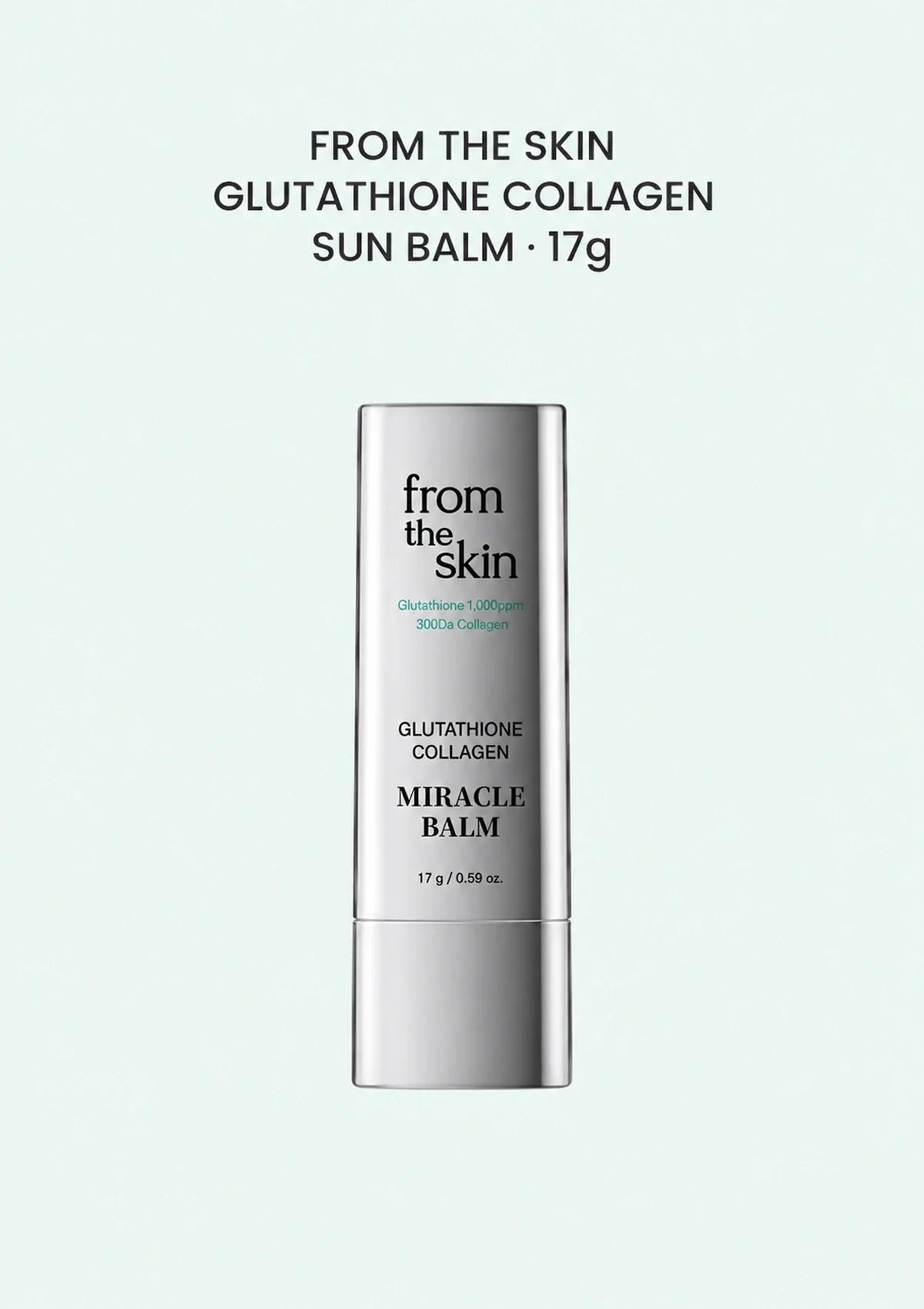 FROM THE SKIN Glutathione Collagen Sun Balm 17g, silver Miracle Balm stick on a pale mint background.