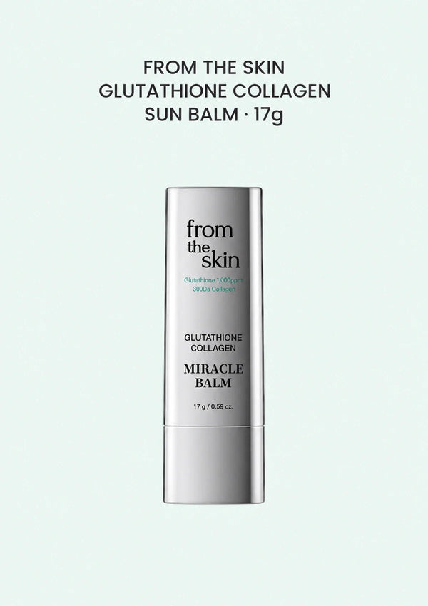 FROM THE SKIN Glutathione Collagen Sun Balm 17g, silver Miracle Balm stick on a pale mint background.