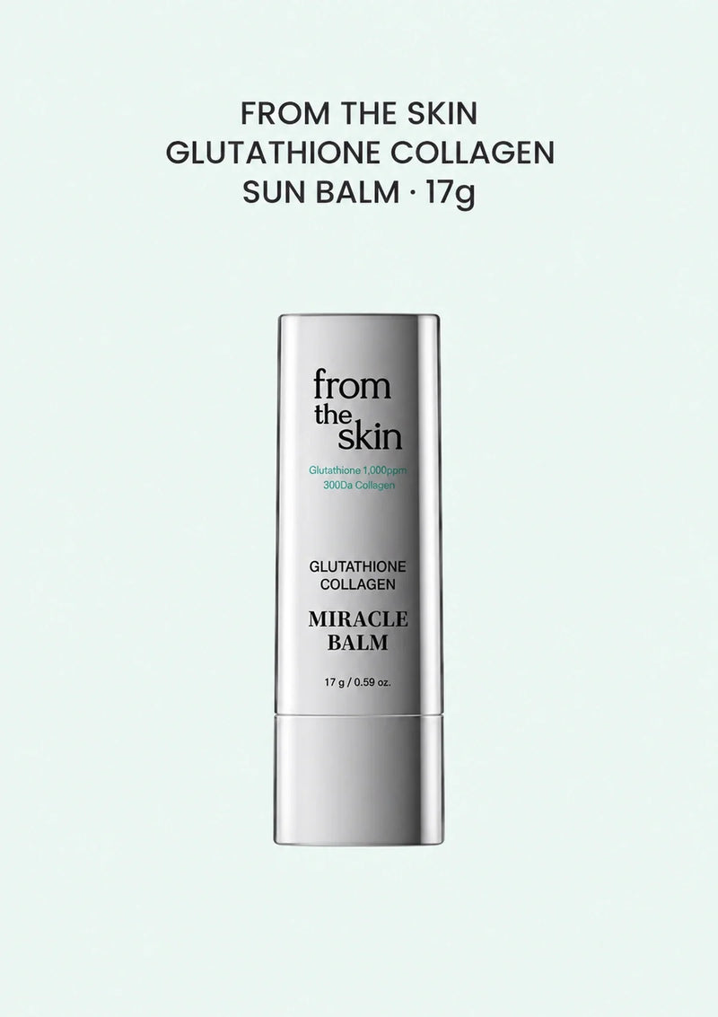 FROM THE SKIN Glutathione Collagen Sun Balm 17g, silver Miracle Balm stick on a pale mint background.