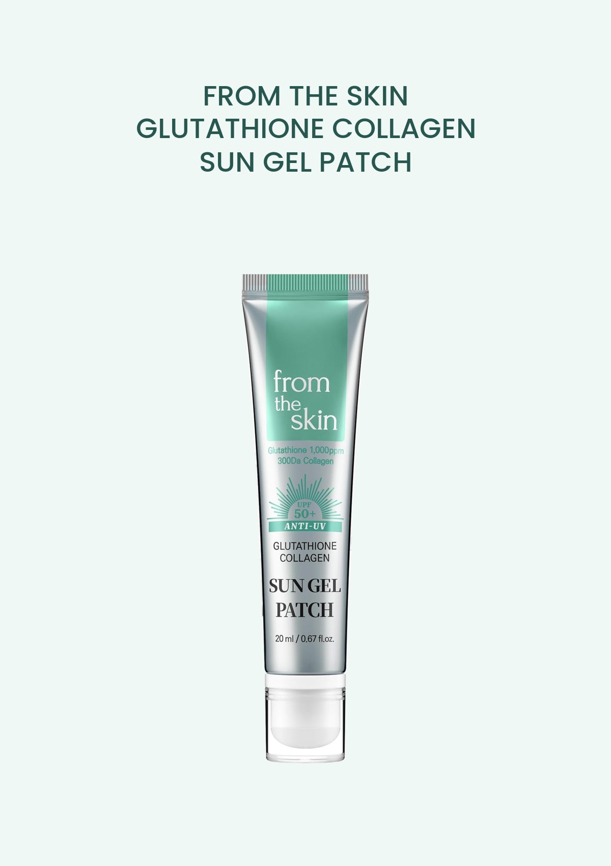 FROM THE SKIN Glutathione Collagen Sun Gel Patch 20ml silver and mint tube on a pale mint background