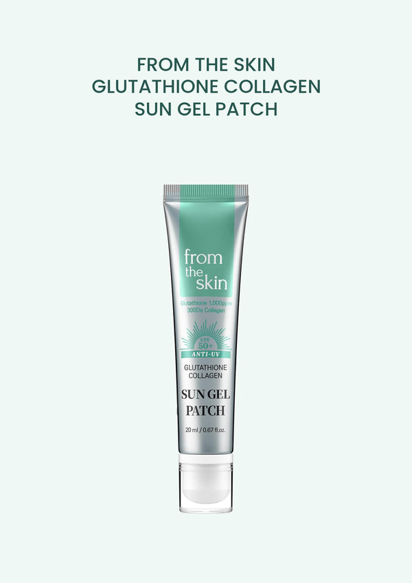 FROM THE SKIN Glutathione Collagen Sun Gel Patch 20ml silver and mint tube on a pale mint background