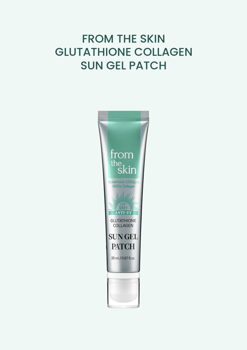 FROM THE SKIN Glutathione Collagen Sun Gel Patch 20ml silver and mint tube on a pale mint background