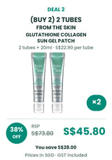 Buy 2: FROM THE SKIN Glutathione Collagen Sun Gel Patch, 2 tubes of 20ml. RSP S$73.80, price S$45.80, save 38% or S$28.00. S$22.90 per tube. SGD including GST.