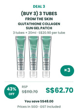 Buy 3: FROM THE SKIN Glutathione Collagen Sun Gel Patch, 3 tubes of 20ml. RSP S$110.70, price S$62.70, save 43% or S$48.00. S$20.90 per tube. SGD including GST.