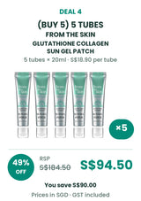 Buy 5: FROM THE SKIN Glutathione Collagen Sun Gel Patch, 5 tubes of 20ml. RSP S$184.50, price S$94.50, save 49% or S$90.00. S$18.90 per tube. SGD including GST.