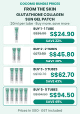 FROM THE SKIN Sun Gel Patch bundle prices: 1 tube S$24.90, 2 tubes S$45.80, 3 tubes S$62.70, 5 tubes S$94.50; each tube 20ml, SGD including GST