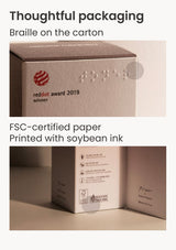 HARUHARU WONDER fragrance-free toner cartons with Braille, FSC and soybean-ink marks