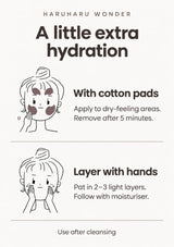 Cotton-pad toner care for five minutes, or two to three hand-applied layers, followed by moisturiser