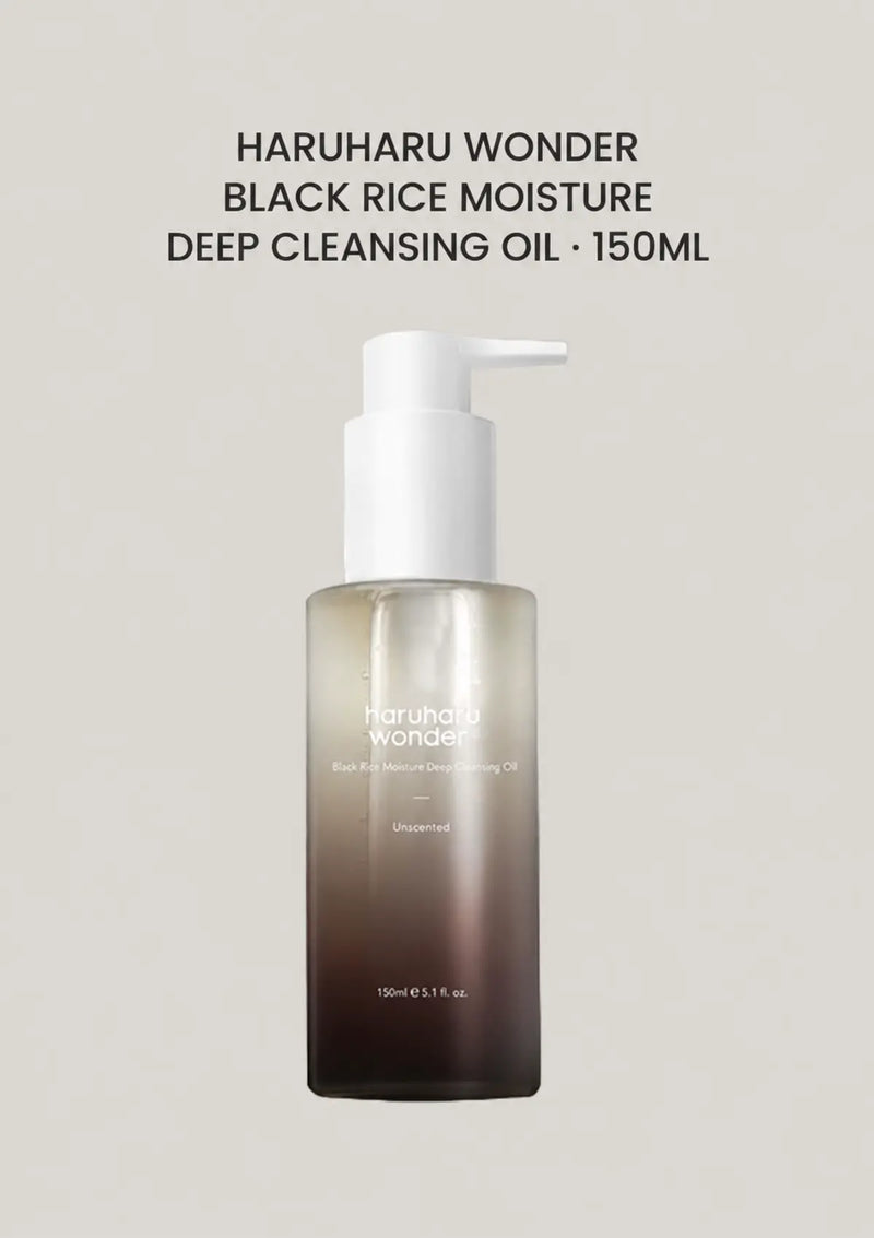 HARUHARU WONDER Black Rice Moisture Deep Cleansing Oil 150ml with white pump on a soft greige background.