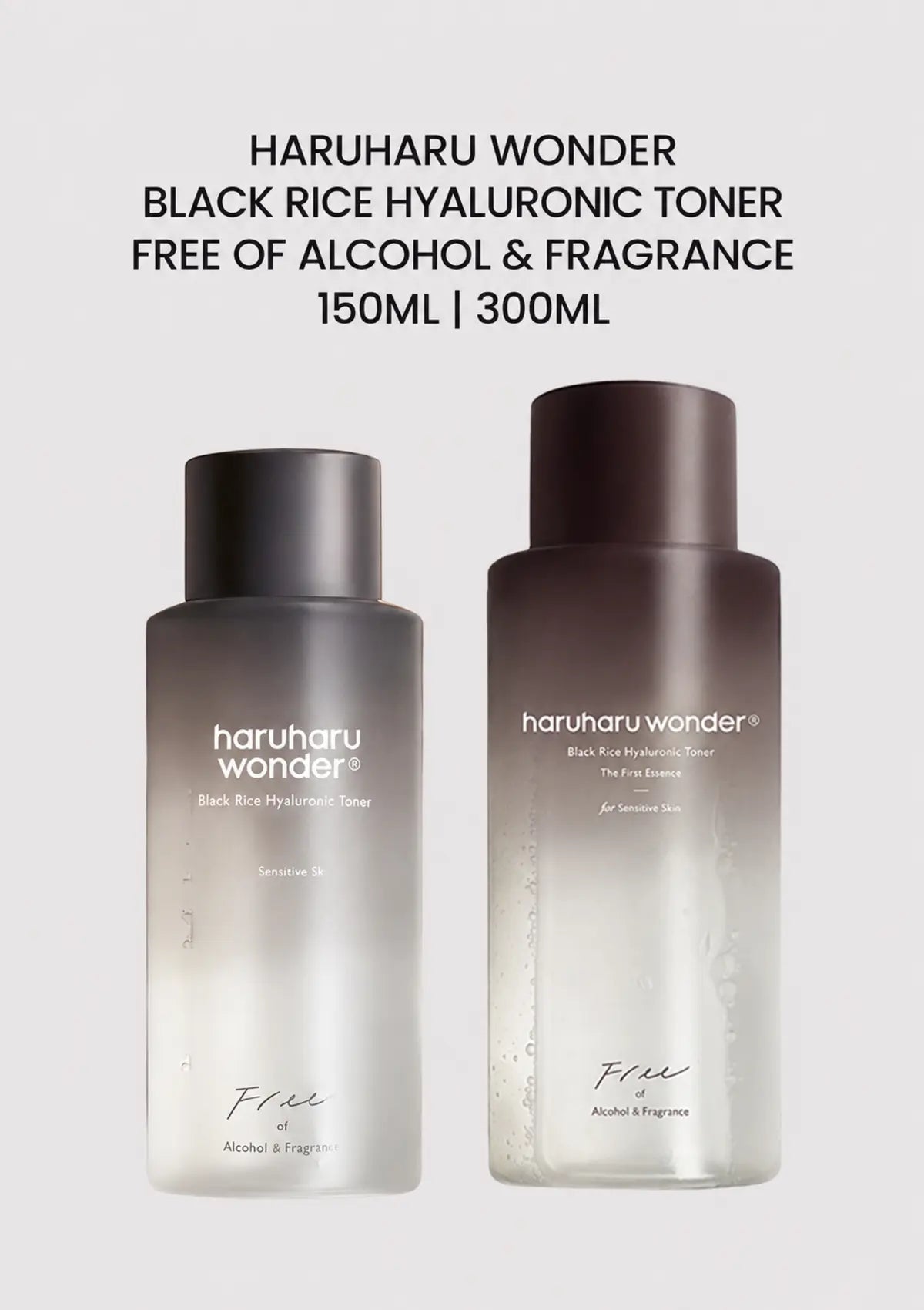 HARUHARU WONDER Black Rice Hyaluronic Toner Free of Alcohol and Fragrance, 150ml and 300ml bottles.