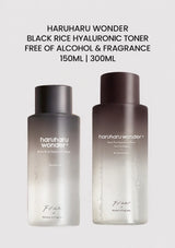HARUHARU WONDER Black Rice Hyaluronic Toner Free of Alcohol and Fragrance, 150ml and 300ml bottles.