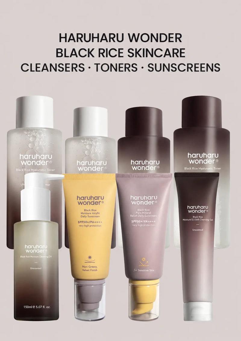 HARUHARU WONDER Black Rice skincare range with cleansing oil, cleansing gel, original and fragrance-free toners in two sizes, and two sunscreens.