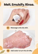 Massage the balm over makeup, then add water to emulsify.