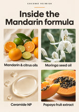Mandarin and citrus oils, moringa seed oil, Ceramide NP and papaya extract.