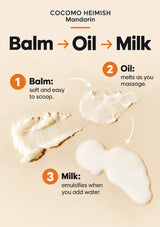 Mandarin balm changes to oil during massage and milk when water is added.