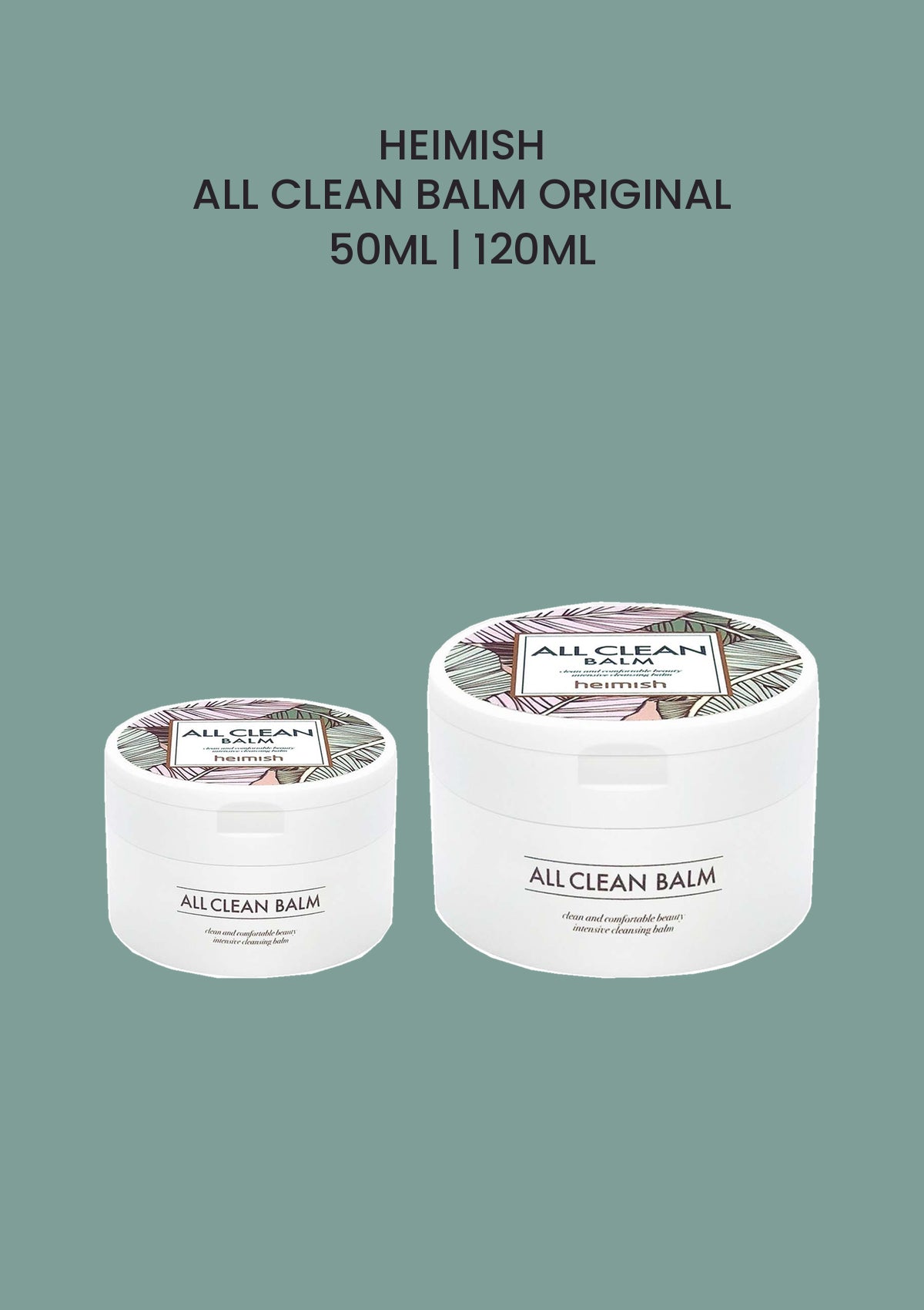 HEIMISH All Clean Balm Original, with 50ml and 120ml jars on sage green.