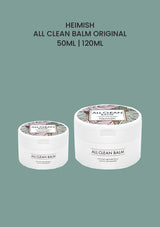 HEIMISH All Clean Balm Original, with 50ml and 120ml jars on sage green.
