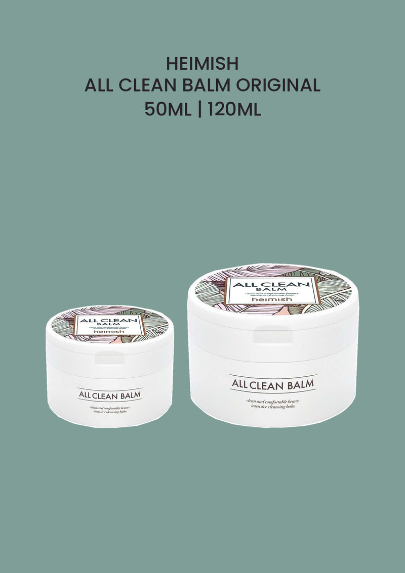 HEIMISH All Clean Balm Original, with 50ml and 120ml jars on sage green.
