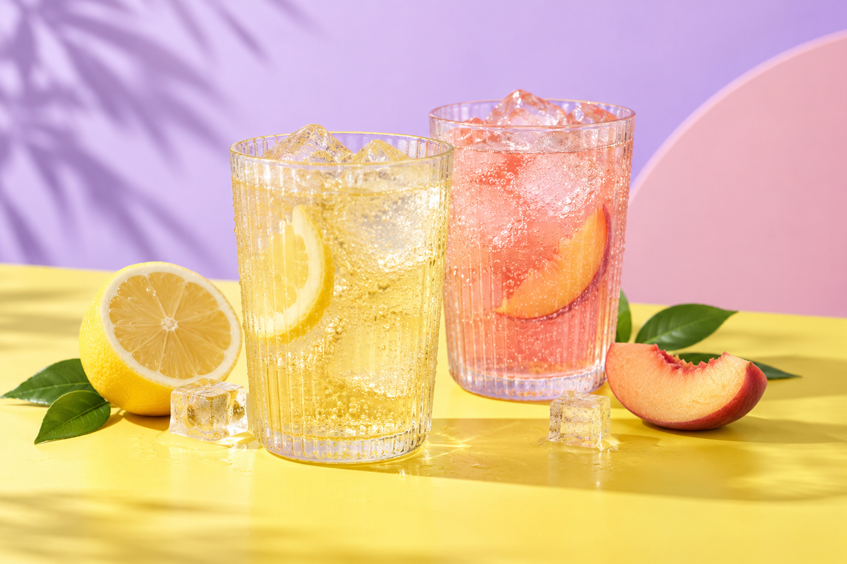 Illustrative iced kombucha drinks with lemon and peach