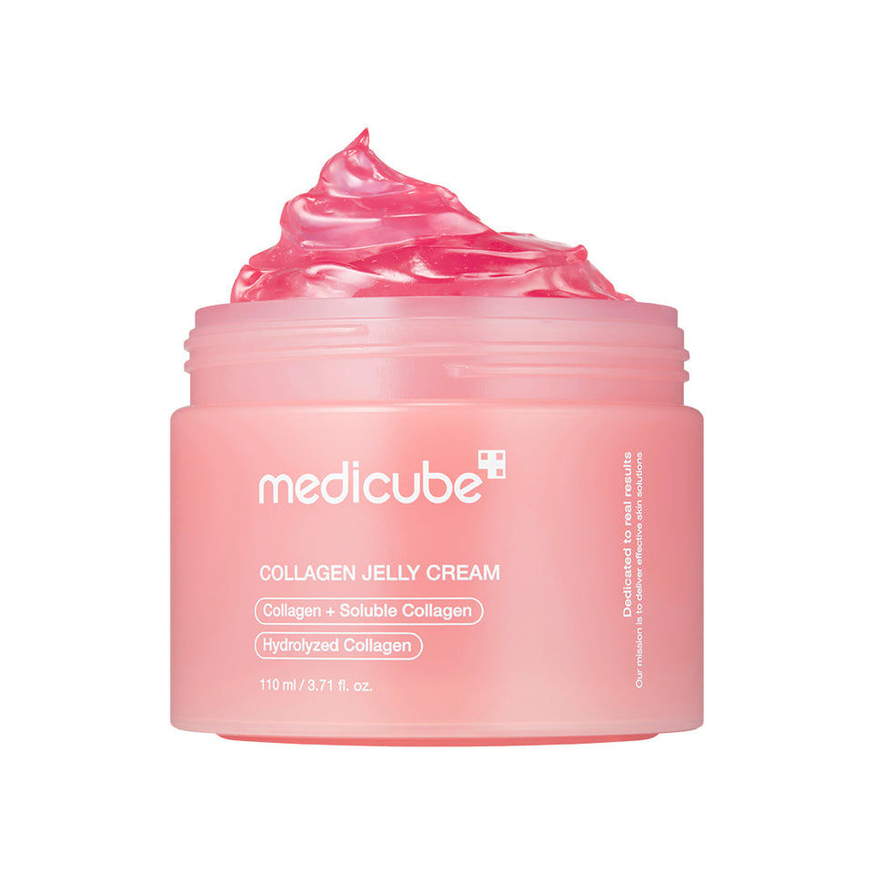 Medicube Collagen Jelly Cream open jar showing its transparent pink jelly texture