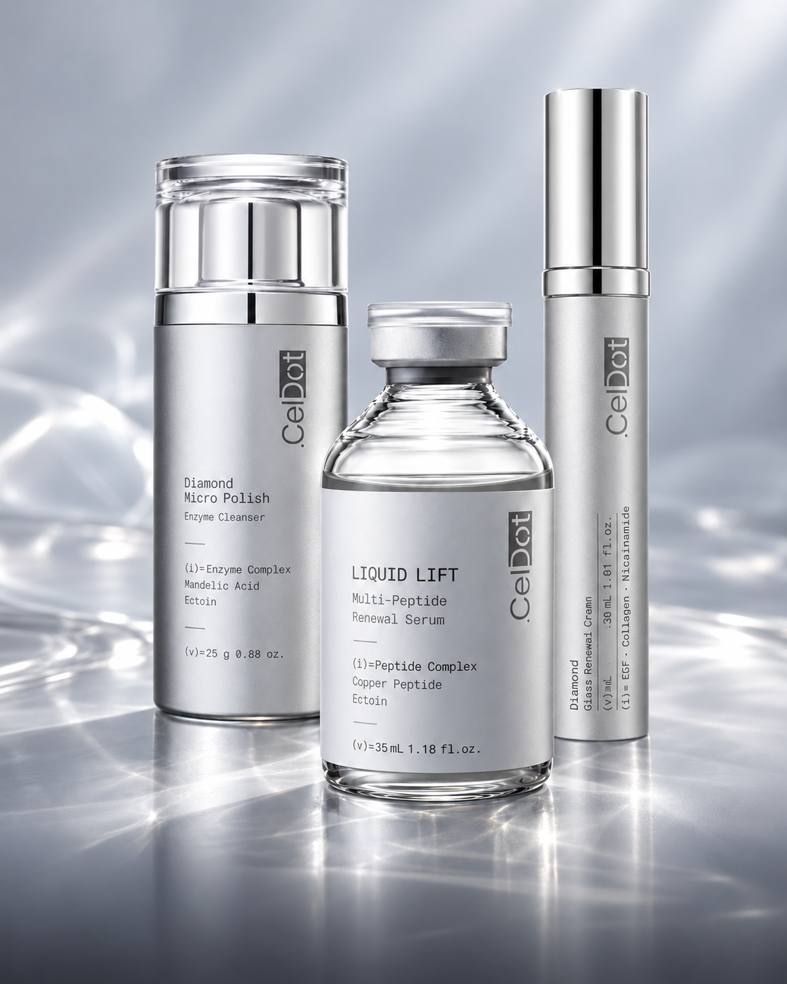 CELDOT Diamond Micro Polish Enzyme Cleanser, Liquid Lift Multi-Peptide Renewal Serum and Diamond Glass Renewal Cream on a silver surface