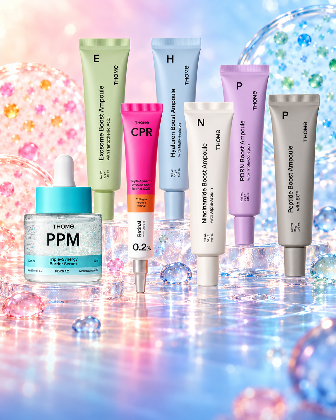THOME PPM Barrier Serum, five Boost Ampoules and Wrinkle Shot Retinal 0.2% in a colourful glass display