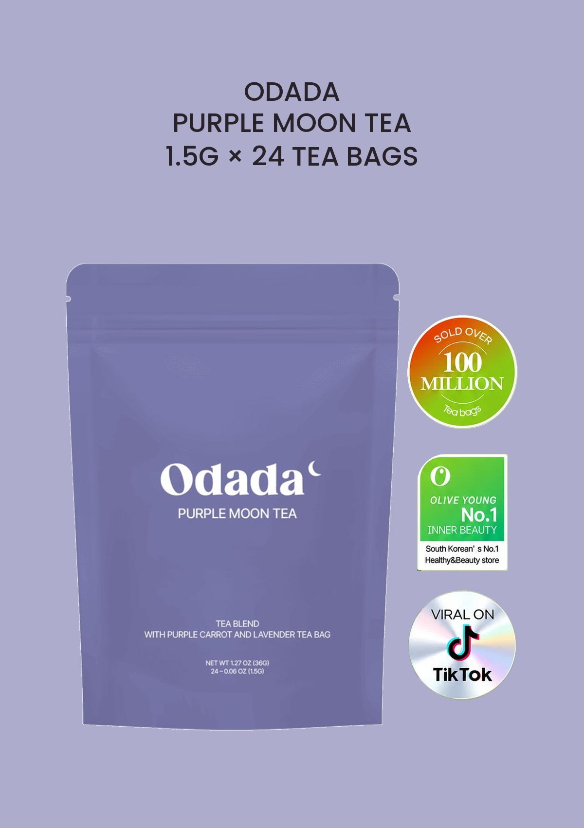 ODADA Purple Moon Tea, 1.5g × 24 tea bags, with the three original brand achievement logos